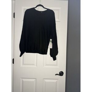 1 State Ribbed Knit V Neck Sweater Black Balloon Sleeves Large Nwt 69.00